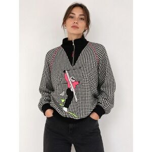 Vintage MÄSER Ski Sweater Top Austria Black White Houndstooth Neon Trim Sz 36